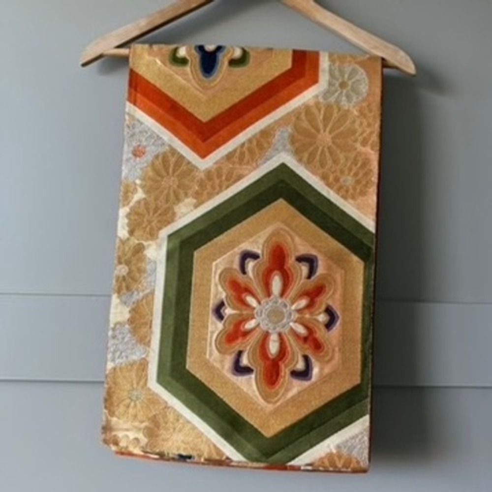 Vintage Japanese Fukuro Obi Silk Kikko Floral Gold Brocade Sash‎ Hexagon Belt